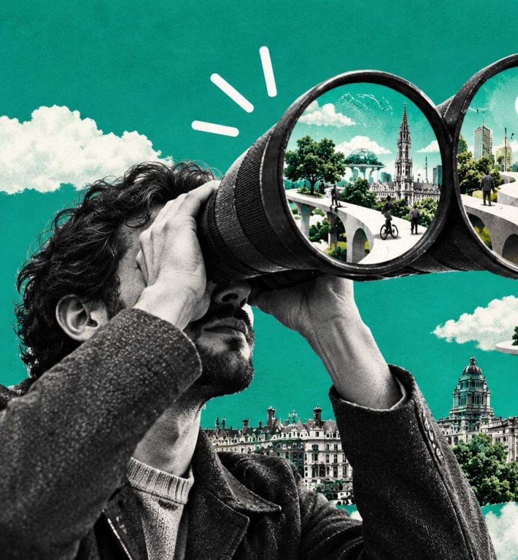 Een man kijkt door een verrekijker, als symbool voor nieuwe perspectieven op innovatie.